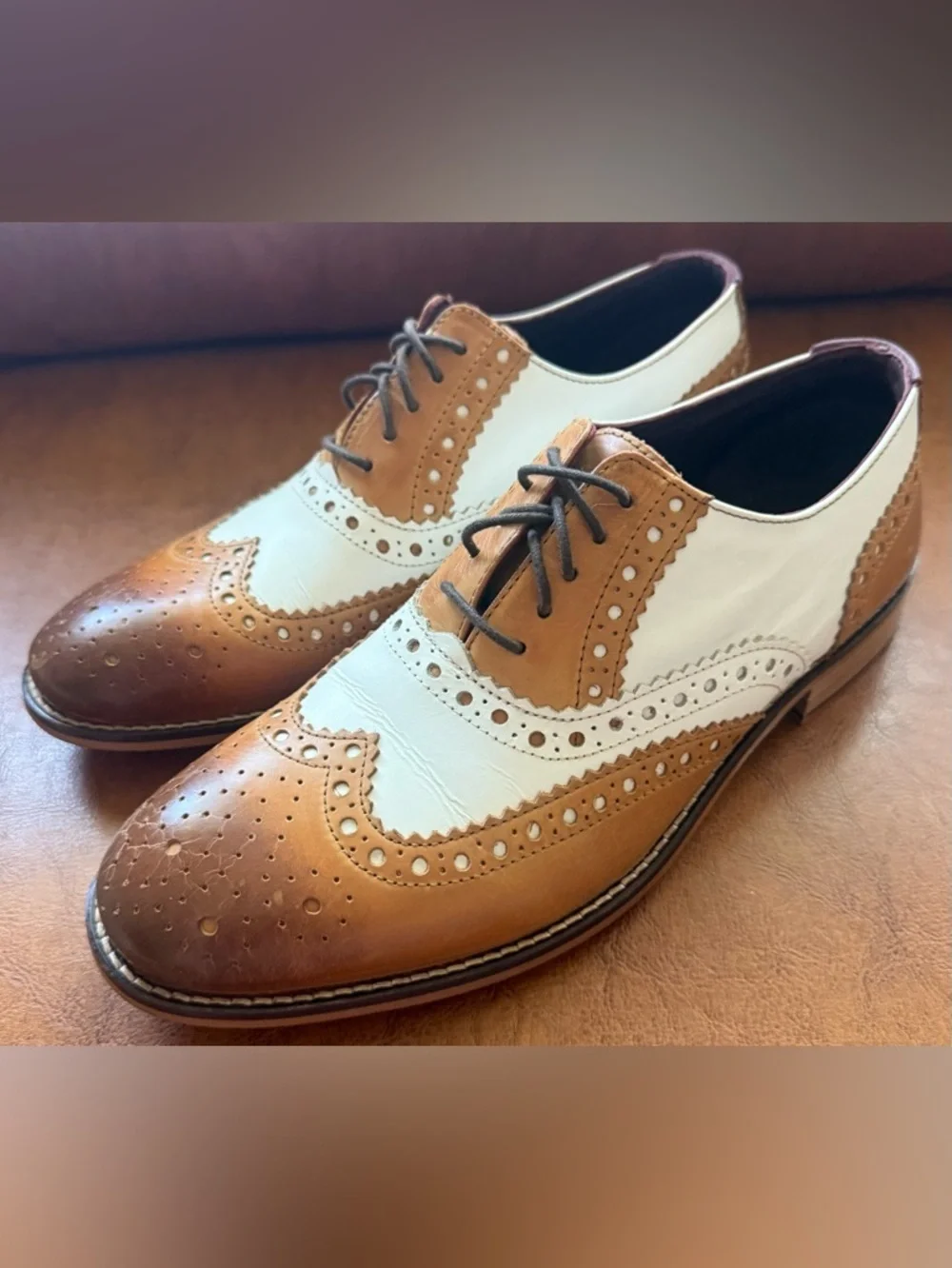 London Brogues Gatsby Tan White Wingtip Oxford Shoes Mens 8 EU 42